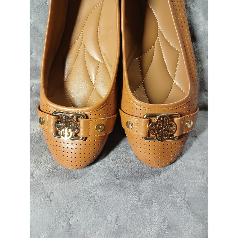 Isola Tan Perforated Leather Ballet Flats Gold Hardware Buckle Accents 9.5 - Picture 4 of 6
